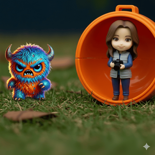  A photograph of two figurines in a patch of green grass with fallen brown leaves. On the left, a small, furry blue and orange monster figure with a grumpy expression and horns stands on its own. On the right, a girl figure with brown hair and a gray vest holds a black camera, standing inside an orange half-sphere filled with glitter. The background is a blurry mix of dark green and brown.