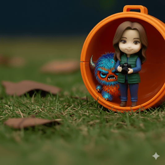  A photograph of two figurines standing in a patch of green grass with fallen brown leaves. On the right, a girl figure with brown hair and a green vest holds a black camera. Next to her, a small, furry blue and orange monster figure with a grumpy expression stands in a glitter-filled, orange half-sphere. The background is a blurry mix of dark green and brown.