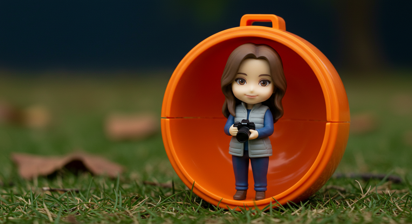  A photograph of a single figurine standing in a patch of green grass with fallen brown leaves. The female figure has brown hair and is wearing a blue shirt and gray vest while holding a black camera. She is standing inside a glittery, orange half-sphere. The background is a blurry mix of dark green and brown.