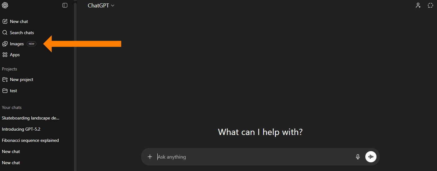 A screenshot of the ChatGPT sidebar and navigation menu. A large orange arrow points to the "Images" tab in the left sidebar, which features a "NEW" badge. The sidebar also displays a "Projects" section and a list of recent chats, including "Skateboarding landscape" and "Introducing GPT-5.2."