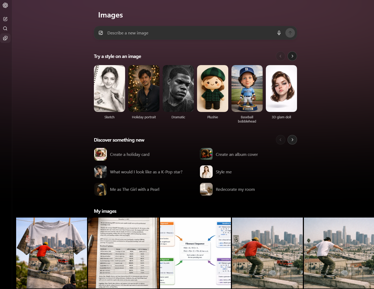 A screenshot of an AI "Images" creation dashboard in a dark-mode interface. The page includes a search bar to "Describe a new image," a row of "Try a style" options like Sketch and Plushie, a "Discover something new" section with project prompts, and a "My images" gallery showing generated work, including a custom t-shirt and technical diagrams.