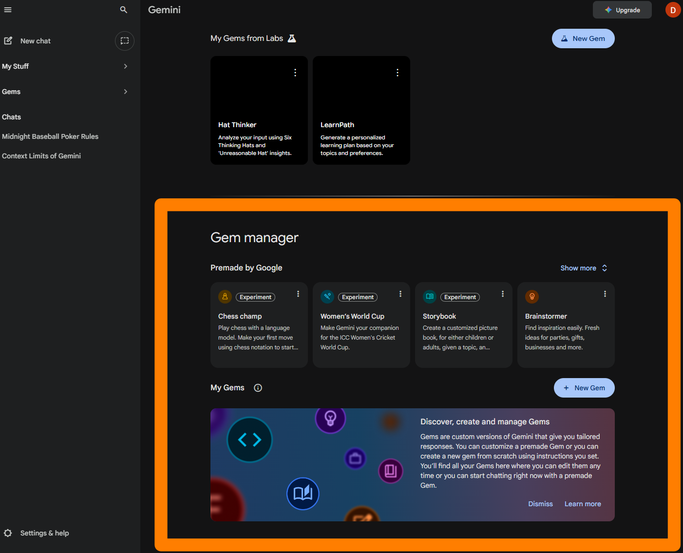 A screenshot of the Gemini dark-mode interface with the "Gem manager" section highlighted by a large orange rectangular frame. This section shows "Premade by Google" Gems, such as "Chess champ" and "Brainstormer," alongside a "New Gem" button. Above the highlighted area, a "My Gems from Labs" section displays cards for "Hat Thinker" and "LearnPath".
