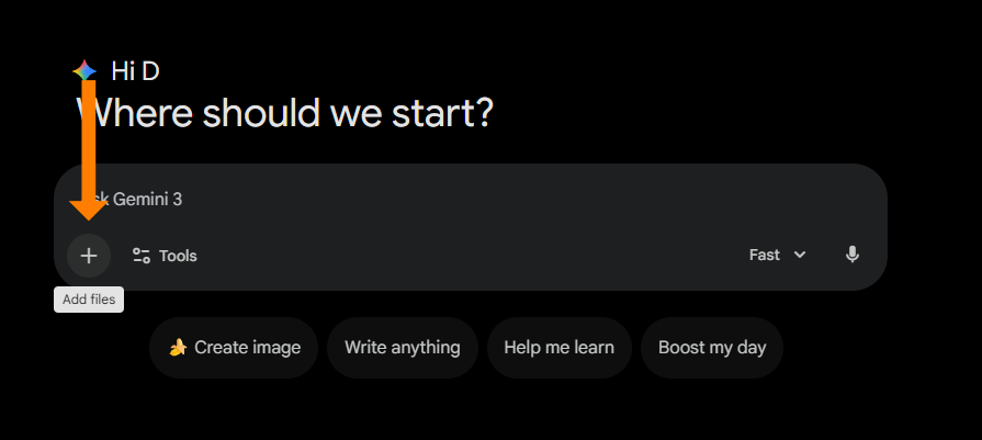 A screenshot of the Gemini AI interface prompt area. A large orange arrow points vertically down to the plus (+) icon on the left side of the input bar. A small white tooltip box labeled "Add files" appears directly below the icon.