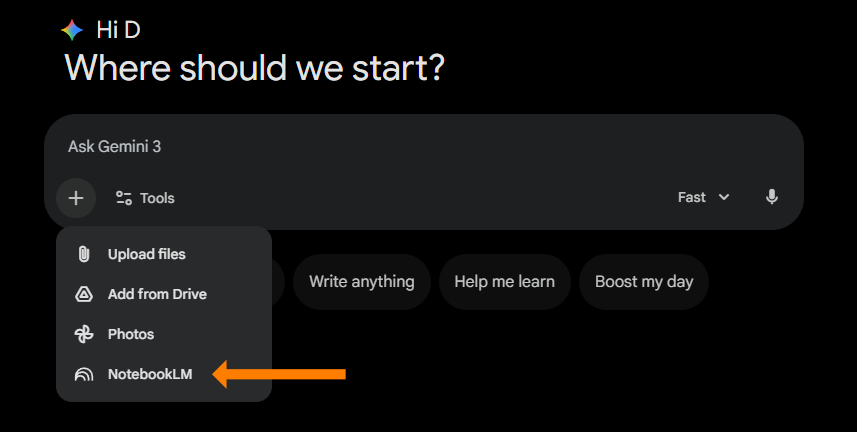 A screenshot of the Gemini AI prompt menu. A dropdown list displays options for "Upload files," "Add from Drive," "Photos," and "NotebookLM." A large orange arrow points horizontally to the "NotebookLM" option at the bottom of the list.
