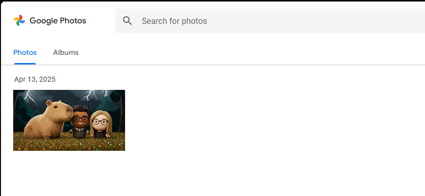 A screenshot of the Google Photos library interface. A single thumbnail image from "Apr 13, 2025" is displayed, showing a digital illustration of a capybara and two people standing in a field under a stormy sky.