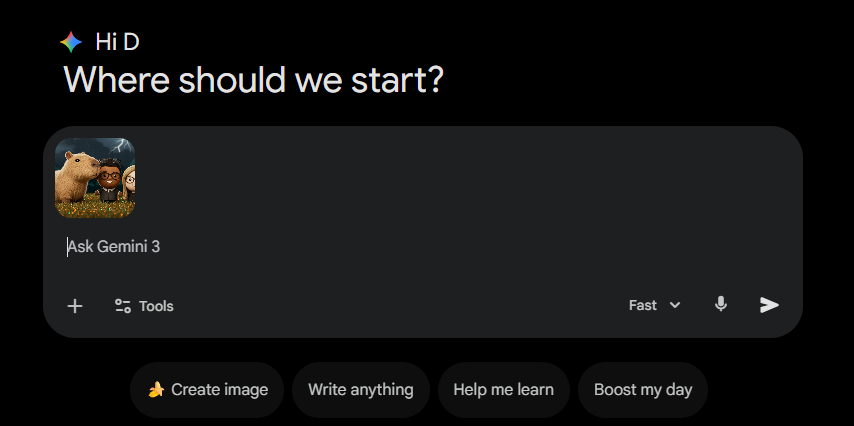 A screenshot of the Gemini prompt bar showing the selected capybara illustration successfully attached as a thumbnail to the left of the text input area, which contains the cursor and the placeholder text "Ask Gemini 3".