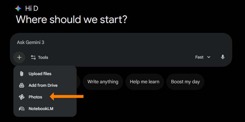 A screenshot of the file attachment menu in Gemini. An orange arrow points horizontally to the "Photos" option in a dropdown list that also includes "Upload files," "Add from Drive," and "NotebookLM".