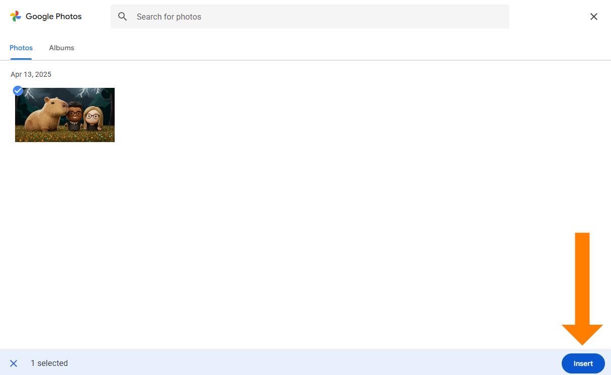 A screenshot of the Google Photos selection screen within Gemini. The illustration of the capybara is selected with a blue checkmark icon. A large orange arrow points vertically down to the blue "Insert" button in the bottom right corner of the window.