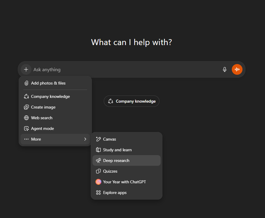 A screenshot of the ChatGPT interface with a dropdown menu open. The user has navigated through the "More" menu to highlight the "Deep research" tool among other options like Canvas, Quizzes, and Agent mode.