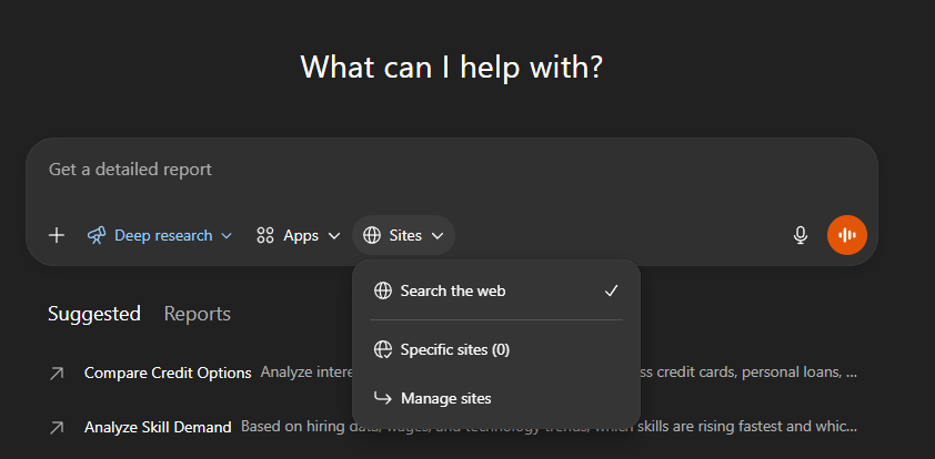 The "Deep research" input interface featuring a search bar that prompts the user to "Get a detailed report". A dropdown menu for "Sites" shows "Search the web" is active, while suggested report topics appear in a list below.