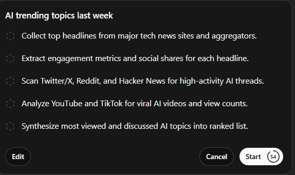 A preview of a proposed research plan titled "AI trending topics last week". The plan lists five distinct steps, including collecting tech headlines, extracting engagement metrics, and scanning social media platforms.