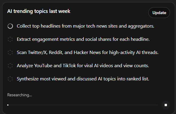 The research process in progress, showing the first step of the plan marked with a completed checkmark. A status bar at the bottom indicates the system is currently "Researching..." with a stop button nearby.