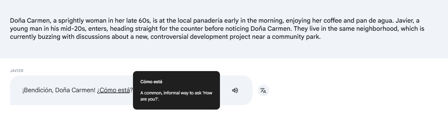 A screenshot of a generated conversation in the "Slang Hang" app between two characters, Doña Carmen and Javier, set at a local bakery. A dialogue bubble for Javier shows the phrase "¡Bendición, Doña Carmen! ¿Cómo está?" with an interactive tooltip explaining that "¿Cómo está?" is a common, informal way to ask "How are you?".