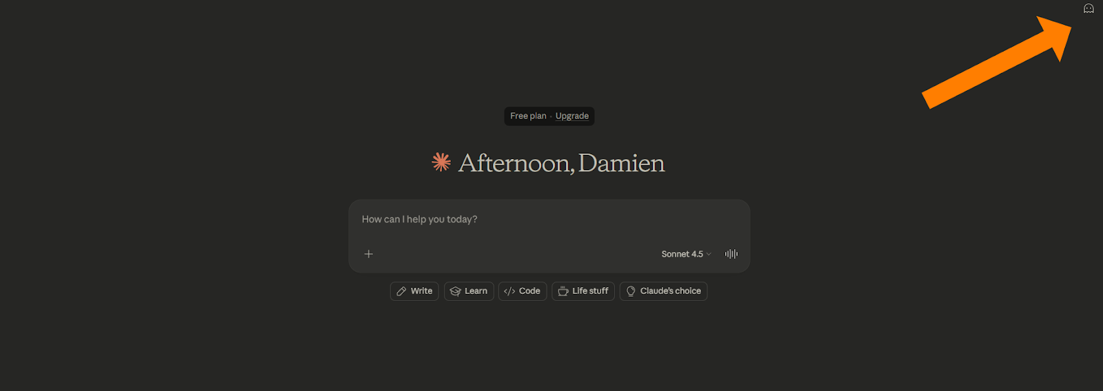 A screenshot of an AI chat interface with the greeting "Afternoon, Damien" above a central search bar. A large orange arrow in the top right corner points to a small ghost-shaped icon used to activate incognito mode.