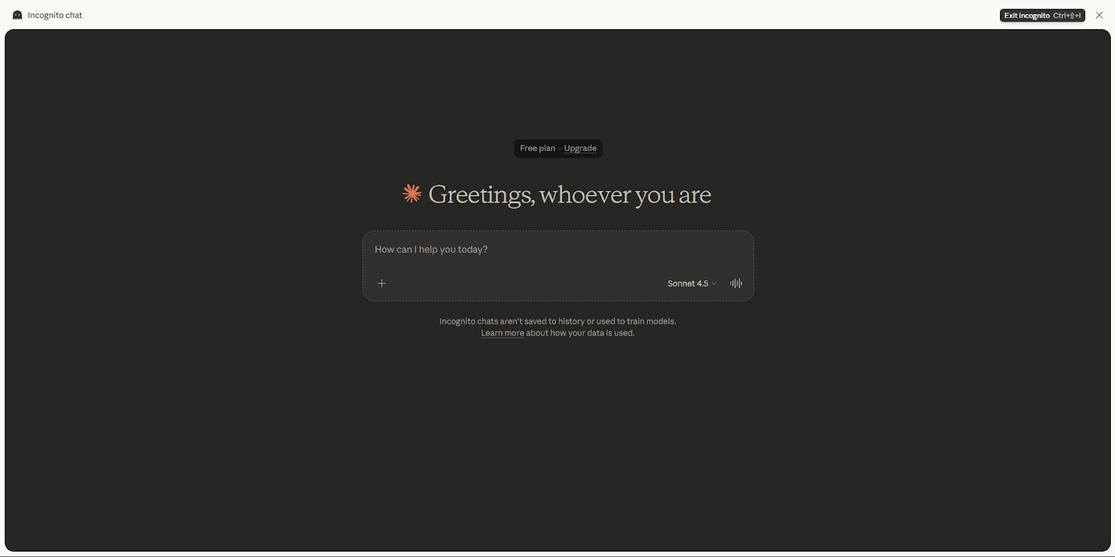 The AI chat interface after activating "Incognito chat," with the greeting updated to "Greetings, whoever you are". A banner in the top left confirms the mode is active, and a button in the top right provides an option to "Exit incognito".