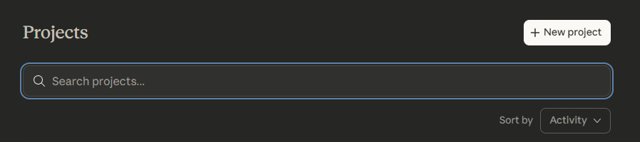 A close-up view of the Projects management header, featuring a "Search projects..." input field and a prominent white button in the top right corner labeled "+ New project".