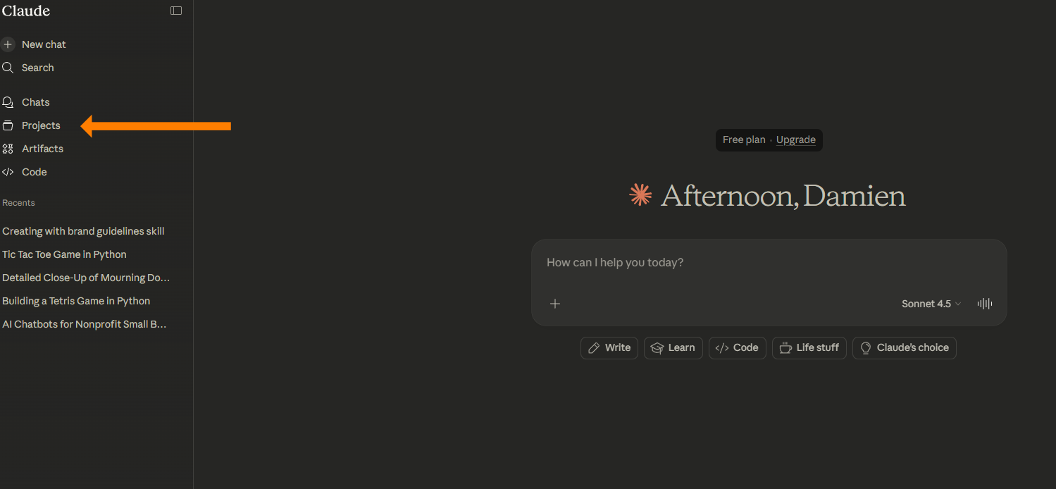A screenshot of the Claude AI sidebar with a large orange arrow pointing to the "Projects" tab. The main dashboard in the background displays a personalized greeting, "Afternoon, Damien," and a prompt box for starting a new chat.