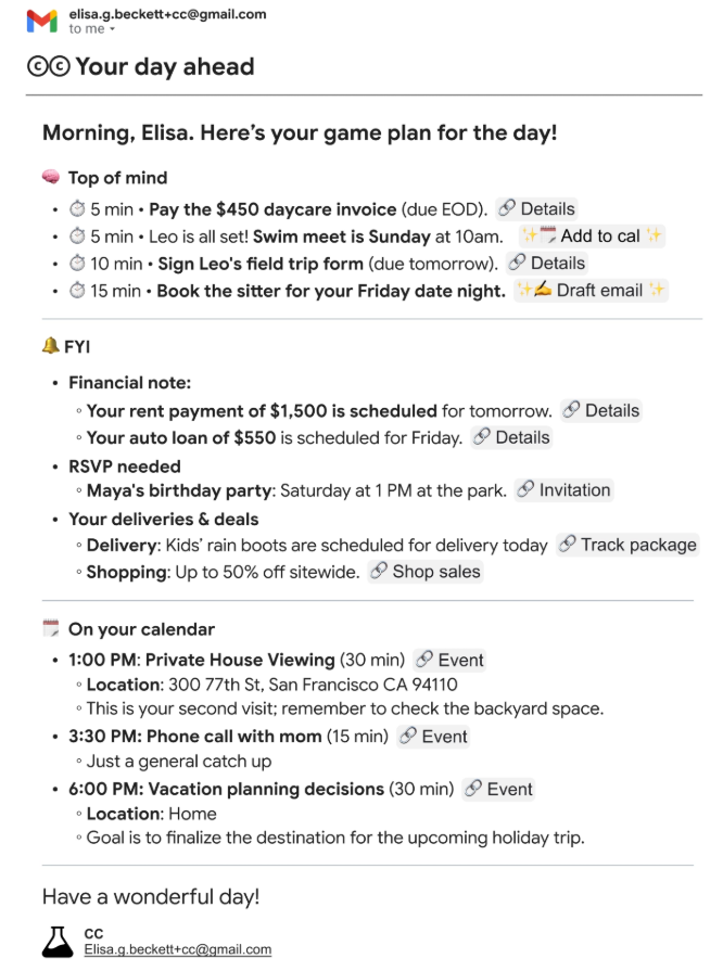 Screenshot of a "Your day ahead" email to Elisa from an AI assistant. It summarizes tasks in three sections: "Top of mind" (daycare invoice, field trip form), "FYI" (rent, auto loan, deliveries), and "On your calendar" (house viewing, phone call, vacation planning). Entries include specific time estimates and action links such as "Details," "Event," or "Draft email".