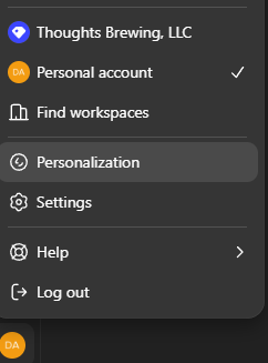 A sidebar navigation menu with the "Personalization" tab highlighted, located above the general Settings and Help options.