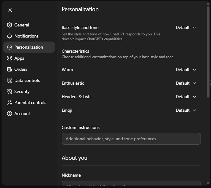 Screenshot of a Personalization settings menu for an AI, featuring toggles for tone, warmth, and emoji use, plus a custom instructions text box.