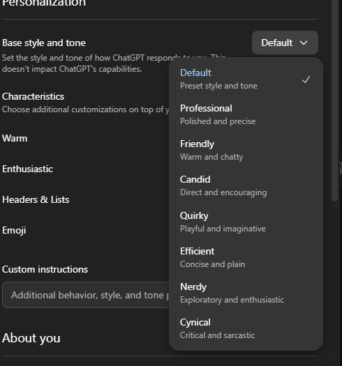 A dropdown menu showing AI style options such as Professional, Friendly, Quirky, Nerdy, and Cynical.