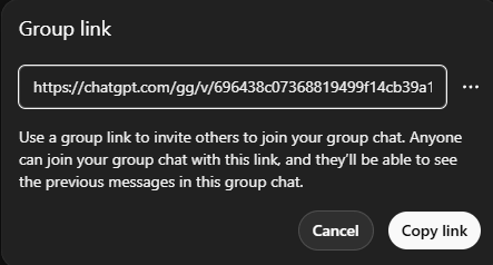 A "Group link" pop-up window showing a shareable URL and a "Copy link" button for inviting others to a chat.