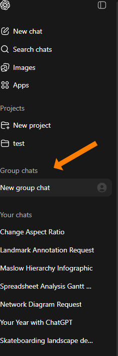 A sidebar navigation menu with an orange arrow highlighting the "New group chat" option under the "Group chats" section.