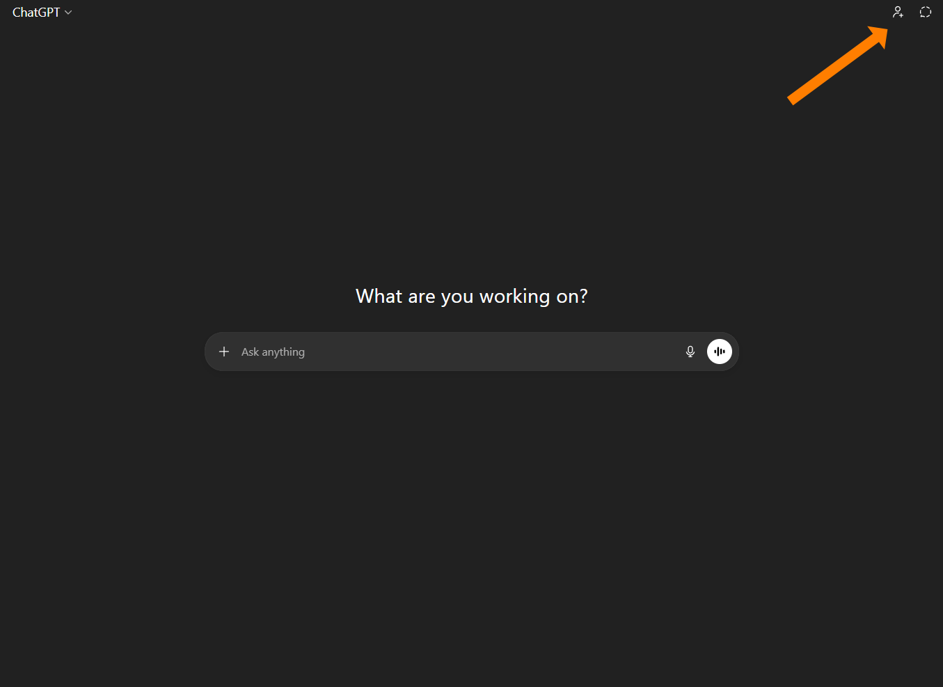 The main ChatGPT interface with an orange arrow pointing to the "add person" icon in the top-right corner to start a group chat.
