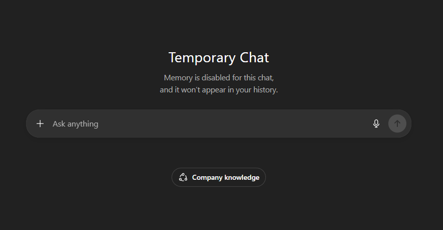 ChatGPT Temporary Chat screen stating that memory is disabled and the conversation won't be saved to history.