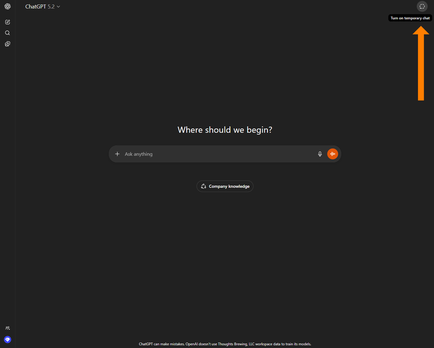 ChatGPT interface with an orange arrow pointing to the "Turn on temporary chat" toggle in the top right corner.