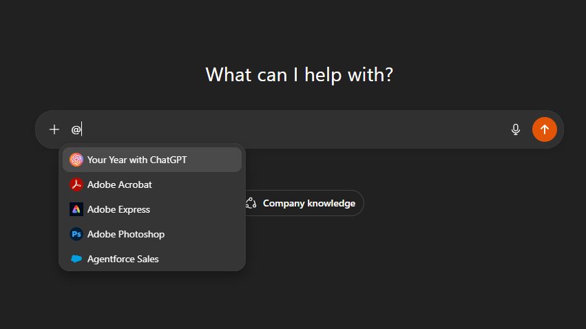 ChatGPT message bar showing a dropdown menu of integrated apps that appears after typing the "@" symbol.