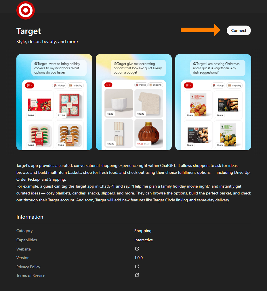 Information page for the Target app integration within ChatGPT, with an orange arrow pointing to the "Connect" button.