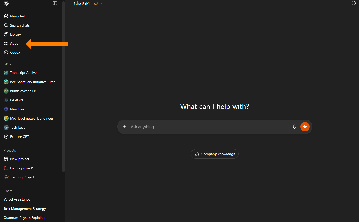 Screenshot of the ChatGPT sidebar with an orange arrow highlighting the "Apps" icon in the navigation menu.