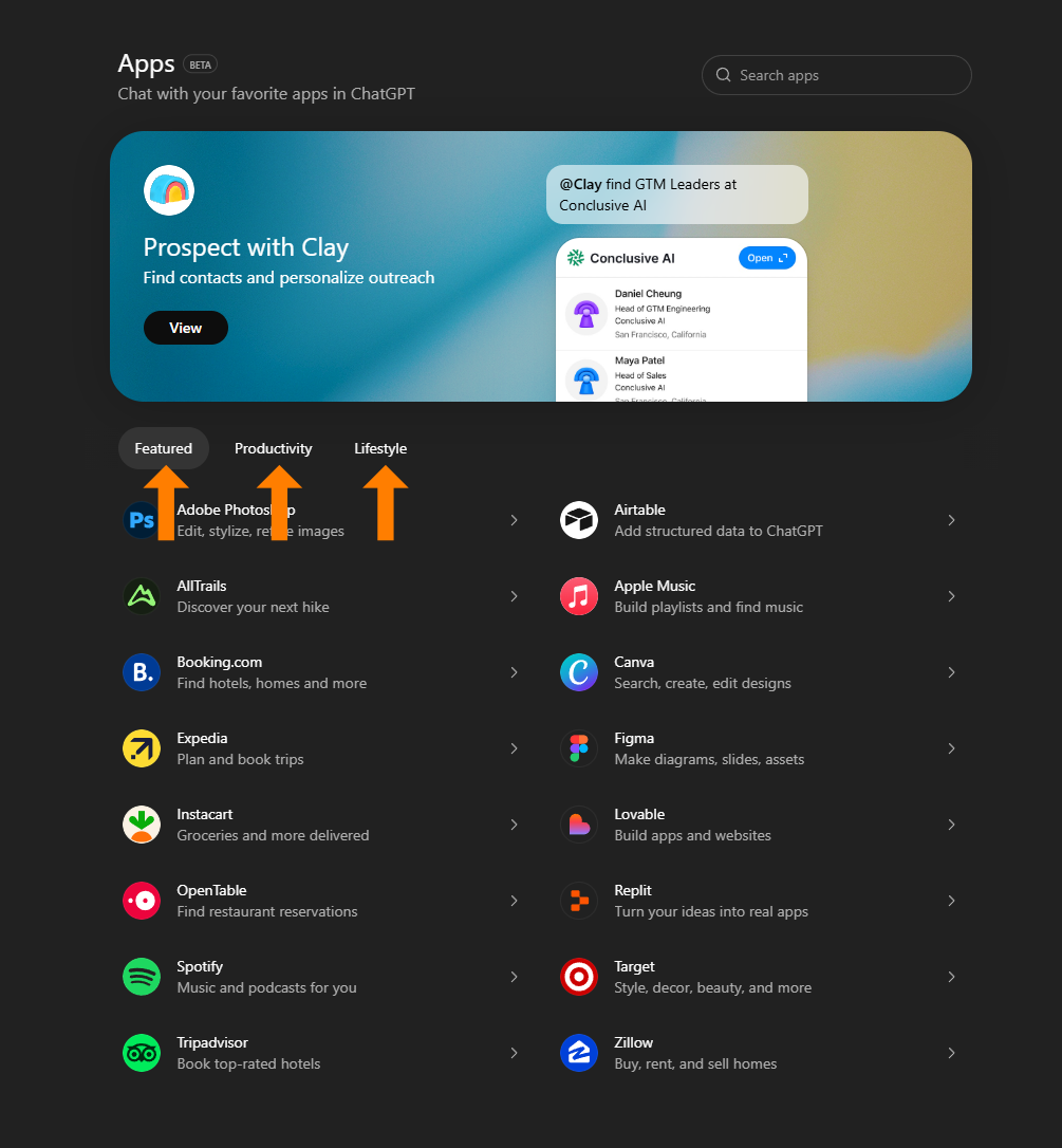 The ChatGPT Apps directory interface showing a featured banner for "Clay" and category tabs for "Featured," "Productivity," and "Lifestyle" highlighted by orange arrows.