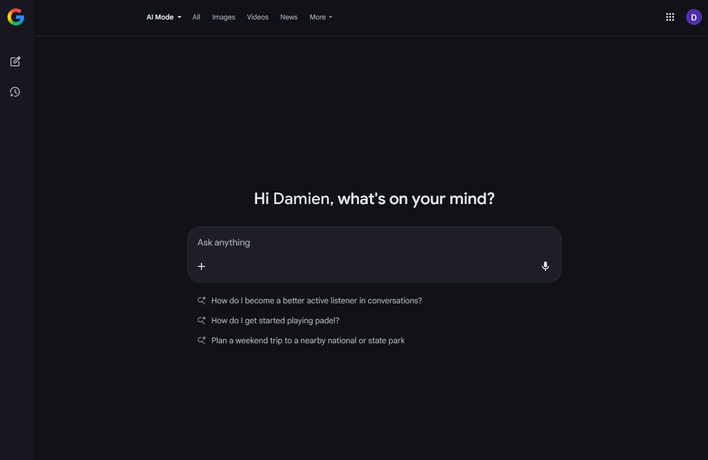 Full-screen view of the Google AI search interface with the heading "Hi Damien, what's on your mind?" above a central search box and suggested prompts for conversation.