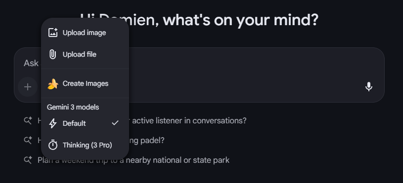 A dropdown menu within an AI interface showing options to upload images or files, create images, and toggle between Gemini 3 models like "Default" and "Thinking (3 Pro)".