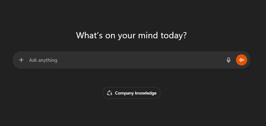 AI search interface with the heading "What’s on your mind today?" featuring a central "Ask anything" text box and a "Company knowledge" button located directly below it.