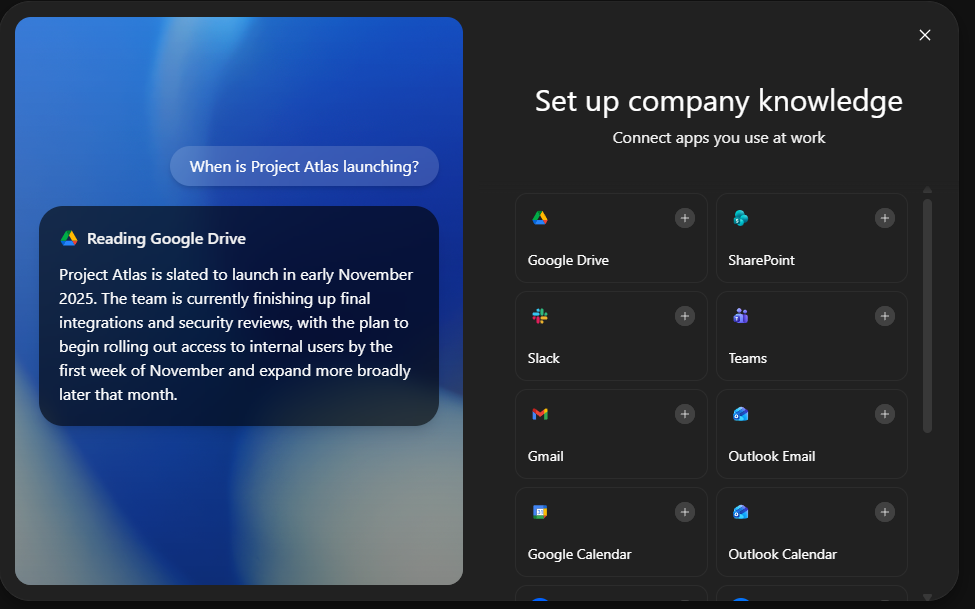 Interface titled "Set up company knowledge" showing a grid of connectable workplace apps like Google Drive, Slack, and Teams. An example chat window on the left demonstrates the AI answering a question by "Reading Google Drive".