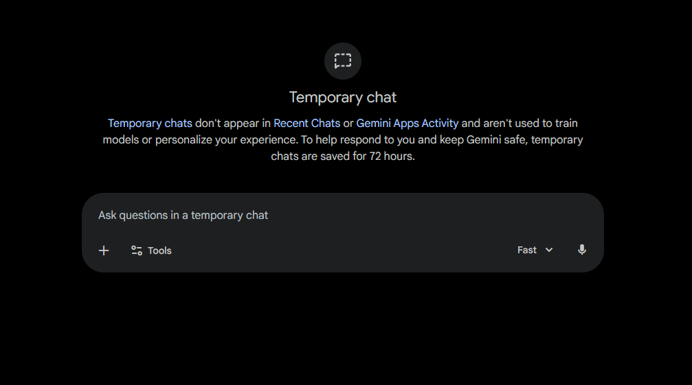 The Gemini "Temporary chat" interface featuring a dashed-line chat icon and text explaining that these conversations are not saved to history or used to train models.