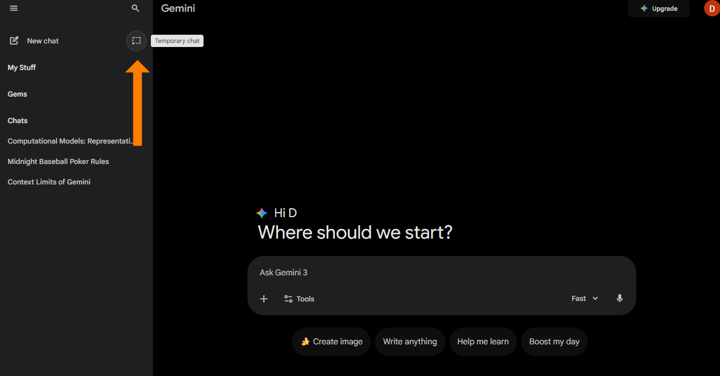 Screenshot of the Gemini sidebar with an orange arrow highlighting the "Temporary chat" icon located next to the "New chat" button.