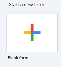 A screenshot of the "Start a new form" section from the Google Forms interface on a light blue background. A large, rectangular white button sits in the center, featuring Google's signature multi-colored plus sign (+) composed of yellow, red, blue, and green segments. Below the card, the text reads "Blank form" in a clean, dark sans-serif font.