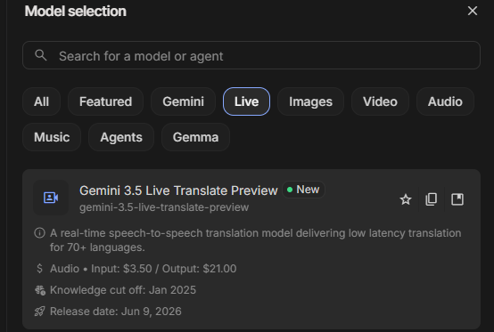 Screenshot of the model selection interface in Google AI Studio with the "Live" category filter active. The selected option is "Gemini 3.5 Live Translate Preview • New", which includes a description highlighting it as a real-time speech-to-speech translation model delivering low latency translation for 70+ languages.