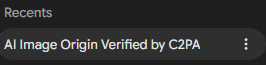 Screenshot of the Gemini application sidebar under Recents, highlighting a chat titled "AI Image Origin Verified by C2PA" with a vertical ellipsis icon on the right.
