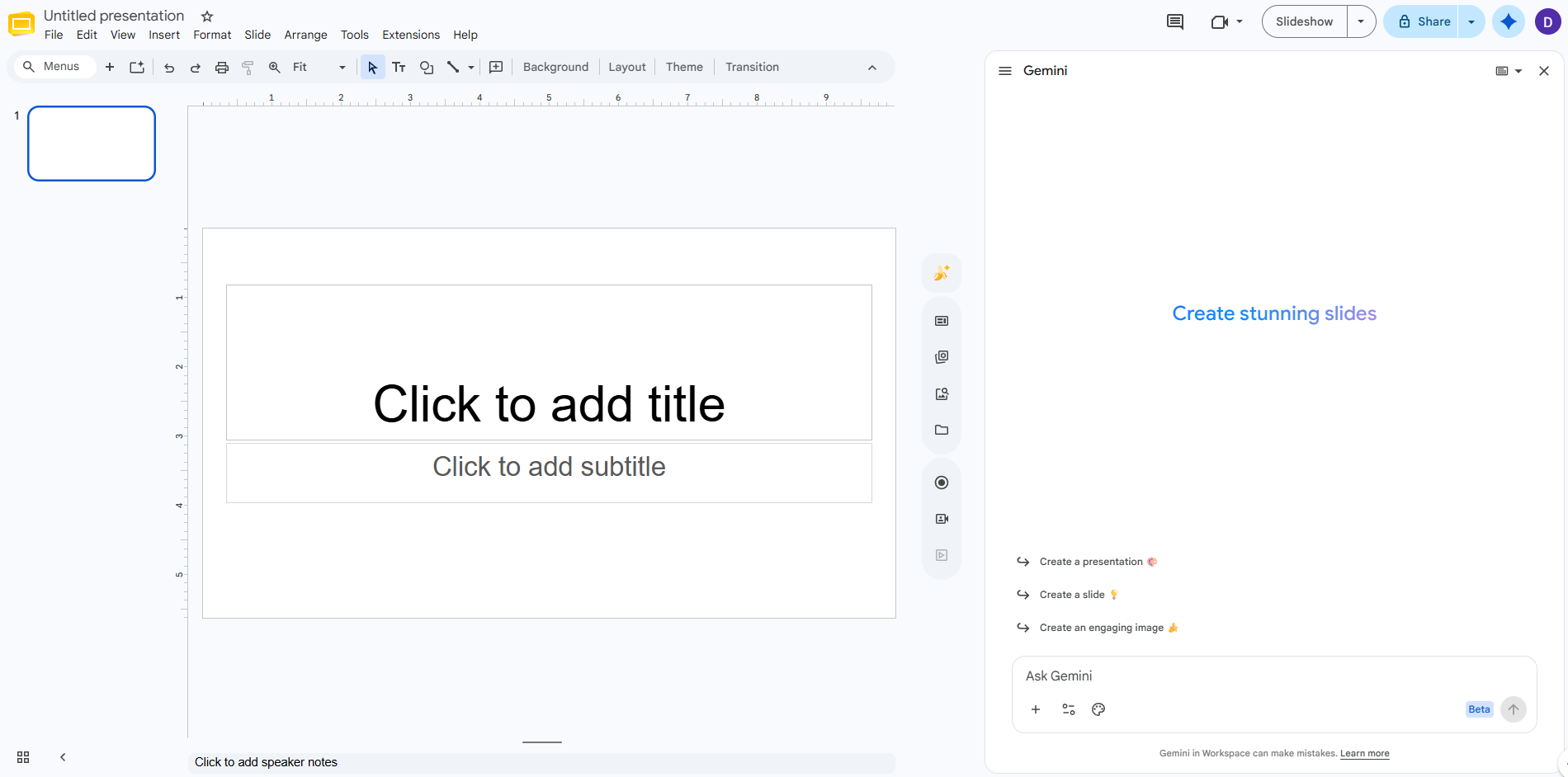 Screenshot of the Google Slides workspace with an untitled presentation open on a blank title slide. On the right side, the Gemini side panel is open under the header "Create stunning slides," displaying initial feature prompt options like "Create a presentation" and "Create a slide."