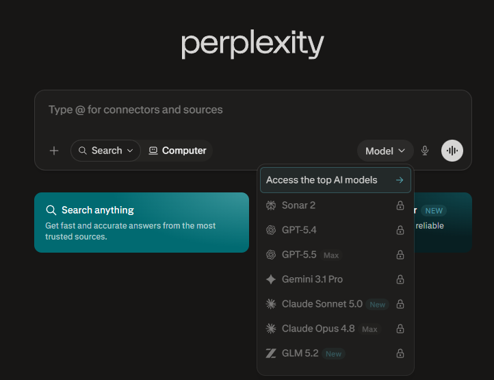 Screenshot of the Perplexity model selector menu, highlighting the selection of the GLM-5.2 model.