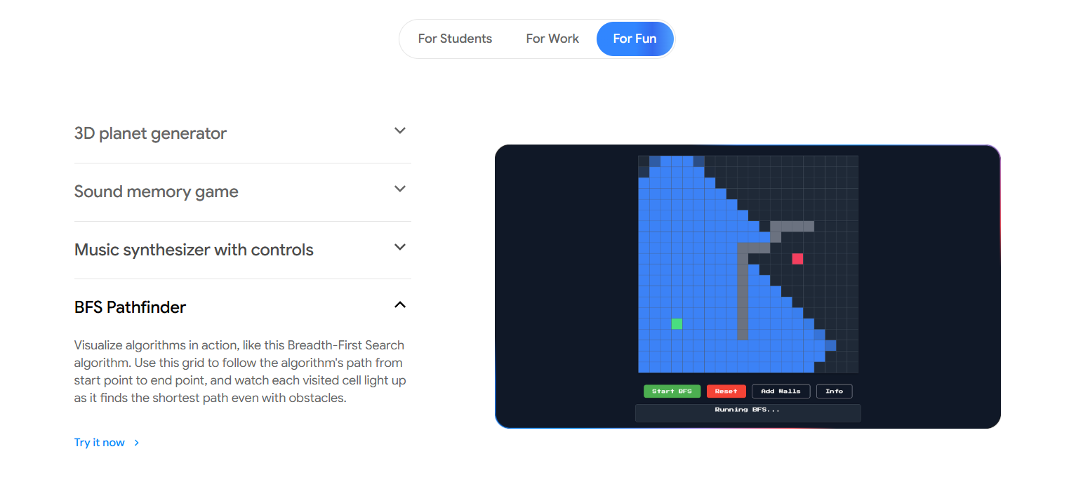 A web page interface displaying interactive projects with a top navigation bar showing "For Students," "For Work," and "For Fun" (selected in blue). The left side features a vertical accordion menu with "BFS Pathfinder" expanded, displaying descriptive text about a Breadth-First Search shortest-path algorithm. The right side features a dark-themed simulation window containing a grid map where a blue field of cells expands outward from a green starting cell, navigating around a right-angled gray barrier toward a red destination cell. Control buttons at the bottom of the grid read "Start BFS," "Reset," "Add Walls," and "Info," with a status bar below reading "Running BFS...".