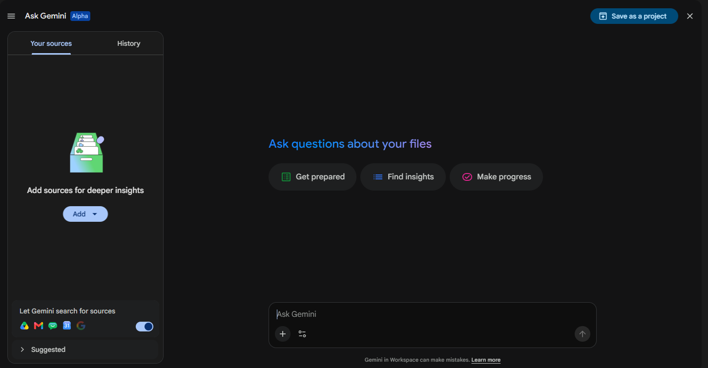 Screenshot of the Ask Gemini web interface in Google Drive, showing a left panel for adding sources and a main panel with prompt suggestions and a text input field to ask questions about files.