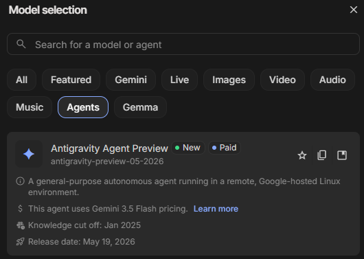 Screenshot of the Google AI Studio model selection menu featuring the Antigravity Agent Preview model. The agent is described in the text as a paid, general-purpose autonomous agent running in a remote, Google-hosted Linux environment with a knowledge cut-off of January 2025