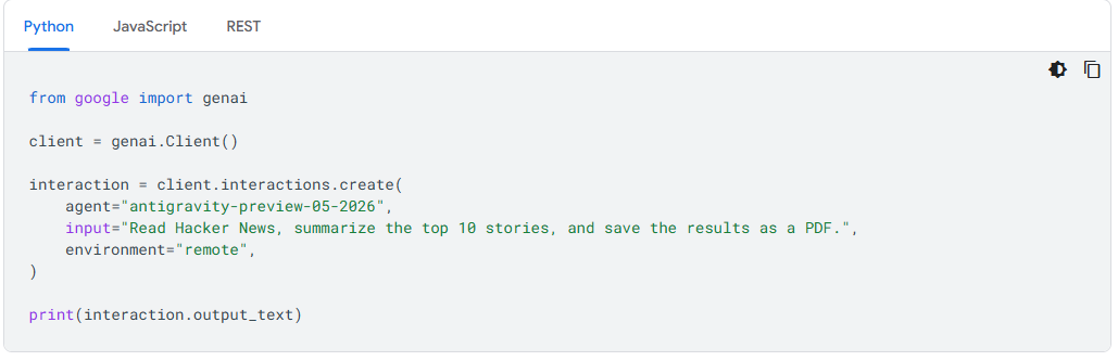 Screenshot of Python sample code demonstrating how to initialize and create a remote interaction with the Antigravity Agent using the Google GenAI Client API. The input prompt instructs the agent to read Hacker News, summarize the top 10 stories, and save the results as a PDF.