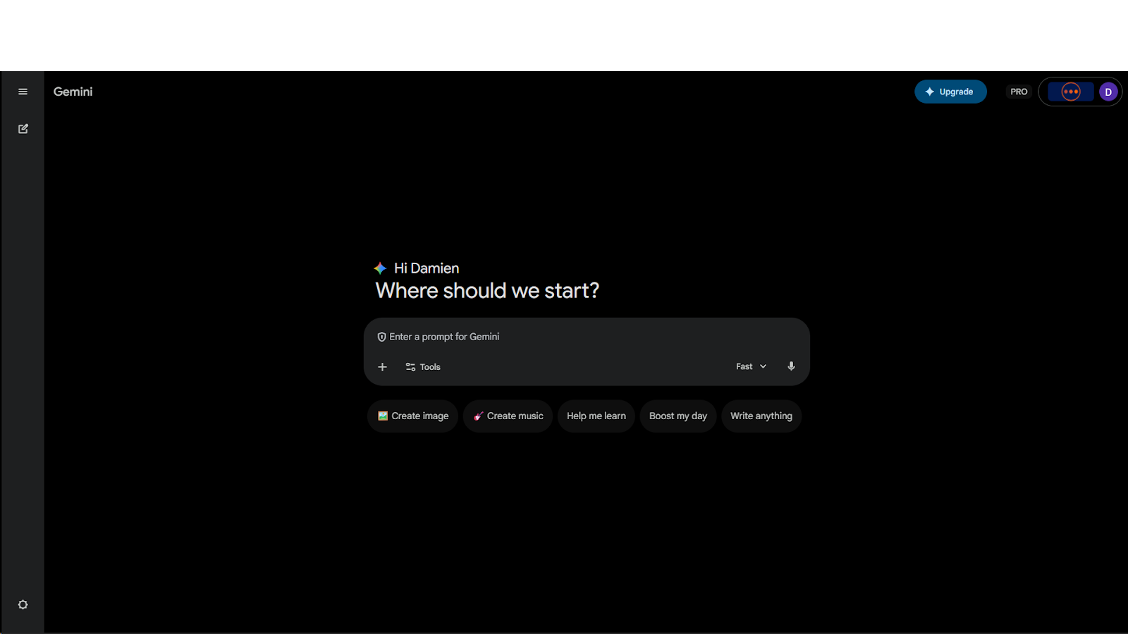 A screenshot of the Gemini home screen in dark mode with the greeting "Hi Damien, Where should we start?". Below the central prompt bar are several quick-action buttons: "Create image," "Create music," "Help me learn," "Boost my day," and "Write anything".